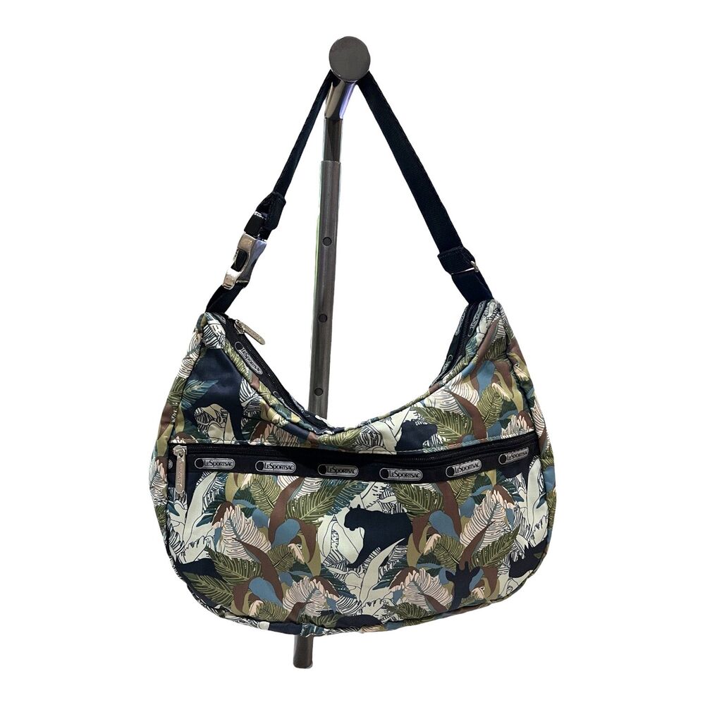 Vintage Le SportSac Black & Green Jungle Print Bag Shoulder Bag Handbag Purse